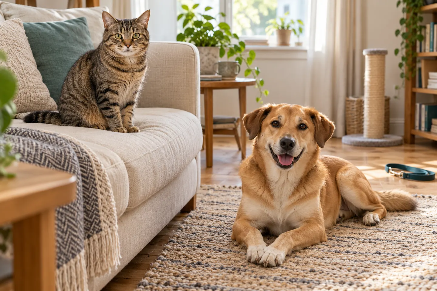 A cat and a dog resting comfortably in a bright living room with wooden furniture.