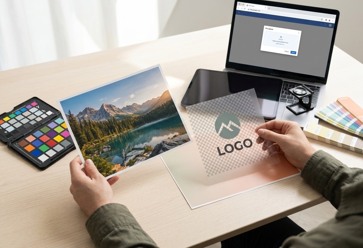 A person compares a landscape photo and a translucent logo sample beside a laptop and color swatches.