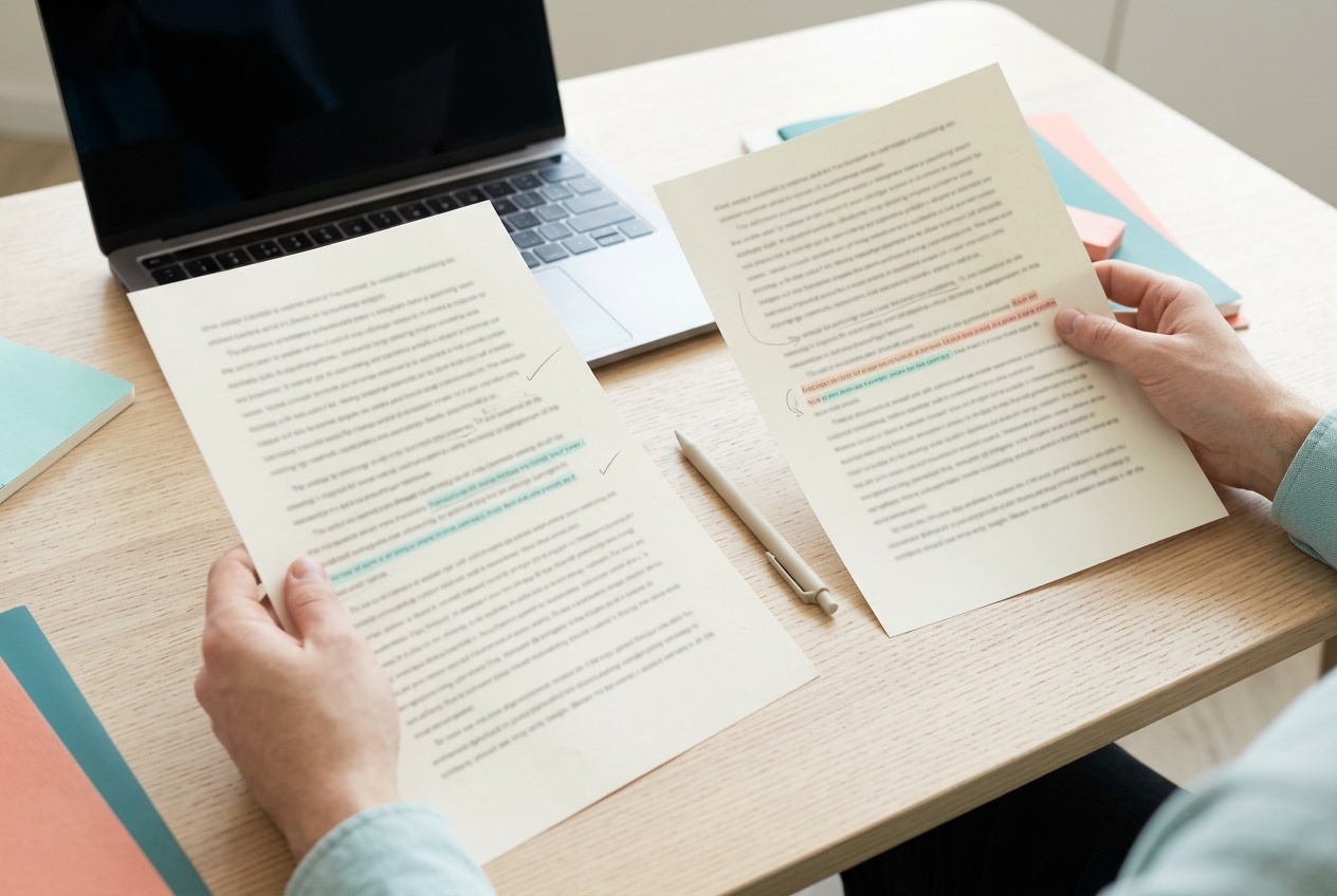 An editor compares two marked-up printed drafts beside a laptop.