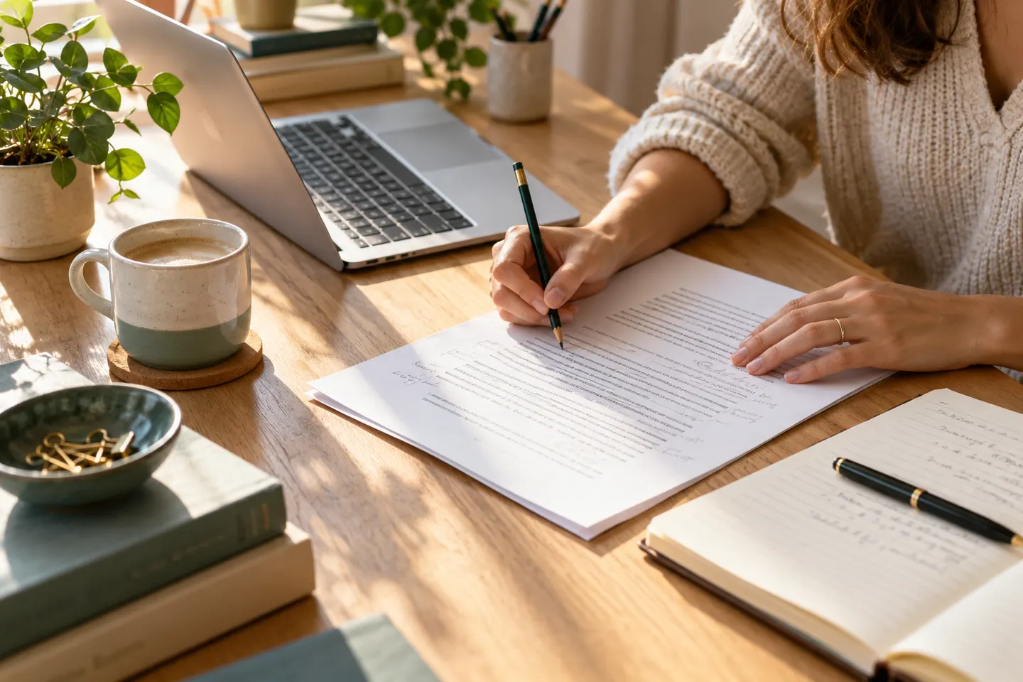 A writer checks a printed draft beside a silver laptop and an open notebook.