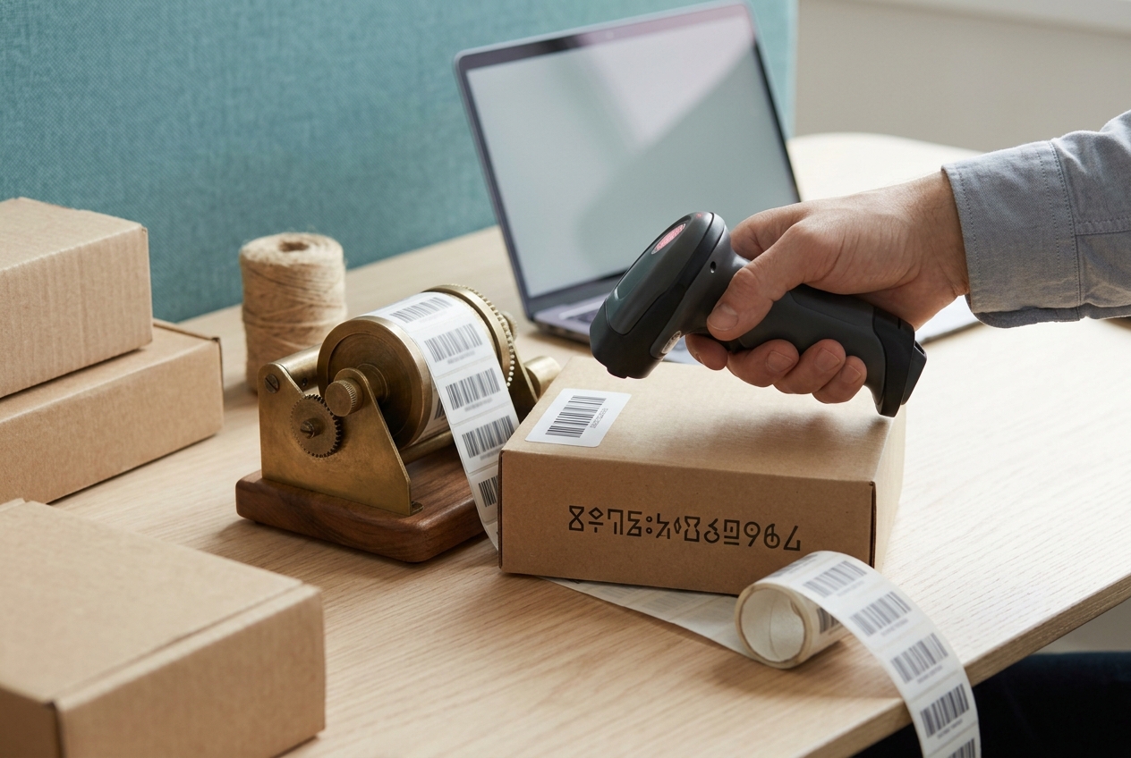 A handheld scanner reads a barcode label on a parcel beside a label printer.