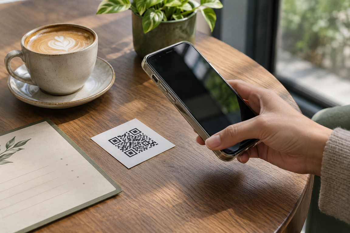 A hand points a phone camera at a printed QR code on a cafe table.