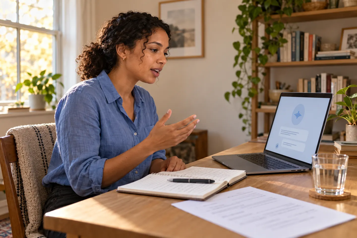 A job candidate practising an interview aloud with a laptop and notebook at a home desk.