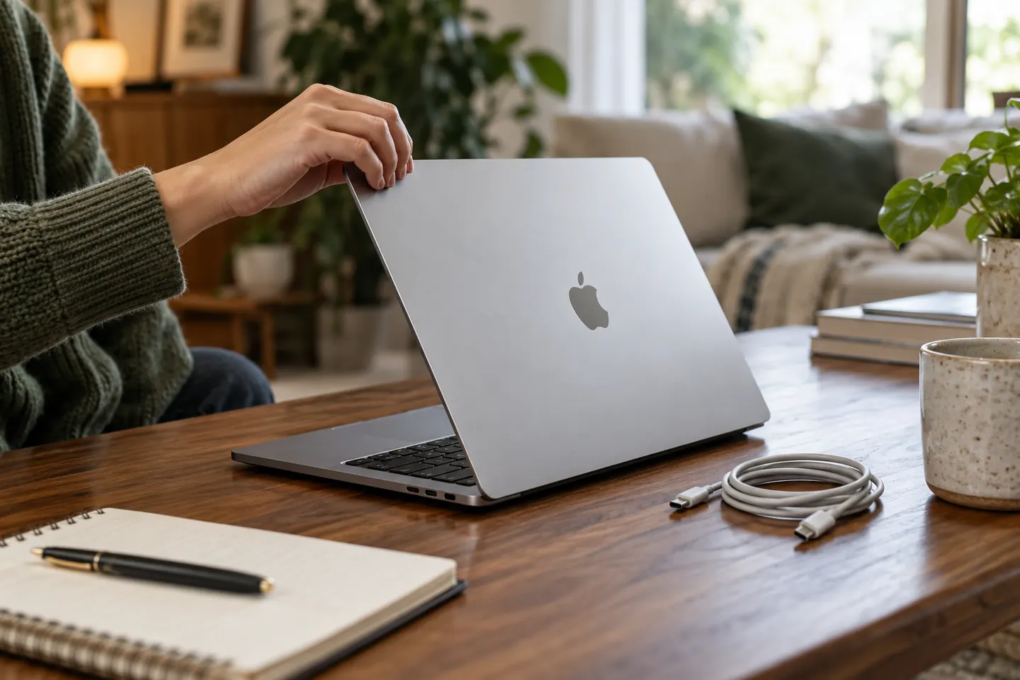 A hand lifts the lid of a silver MacBook beside a notebook and USB-C cable.