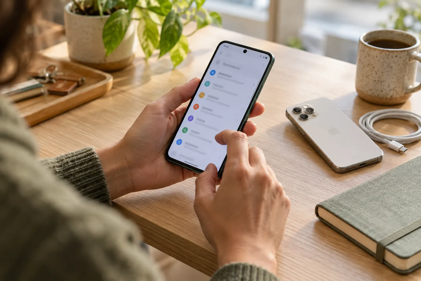 Hands review smartphone settings beside an iPhone and a charging cable on a wooden desk.