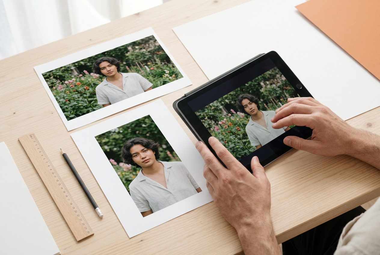 A person reviews portrait prints on a tablet beside a ruler and pencil.