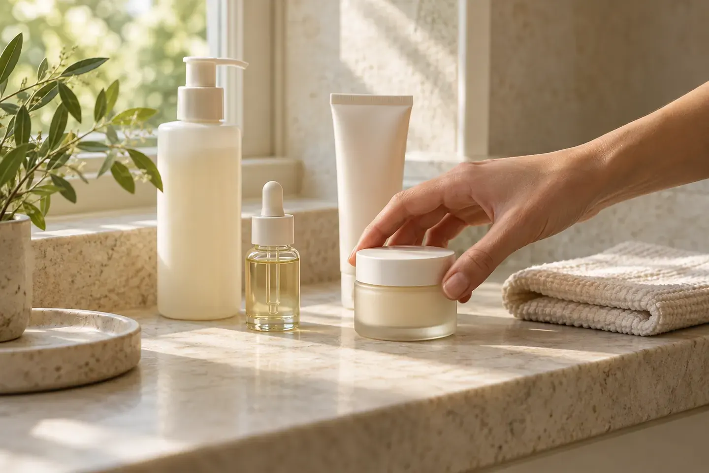 A hand reaches for a moisturiser jar beside a cleanser, sunscreen, serum and folded washcloth on a bathroom shelf.