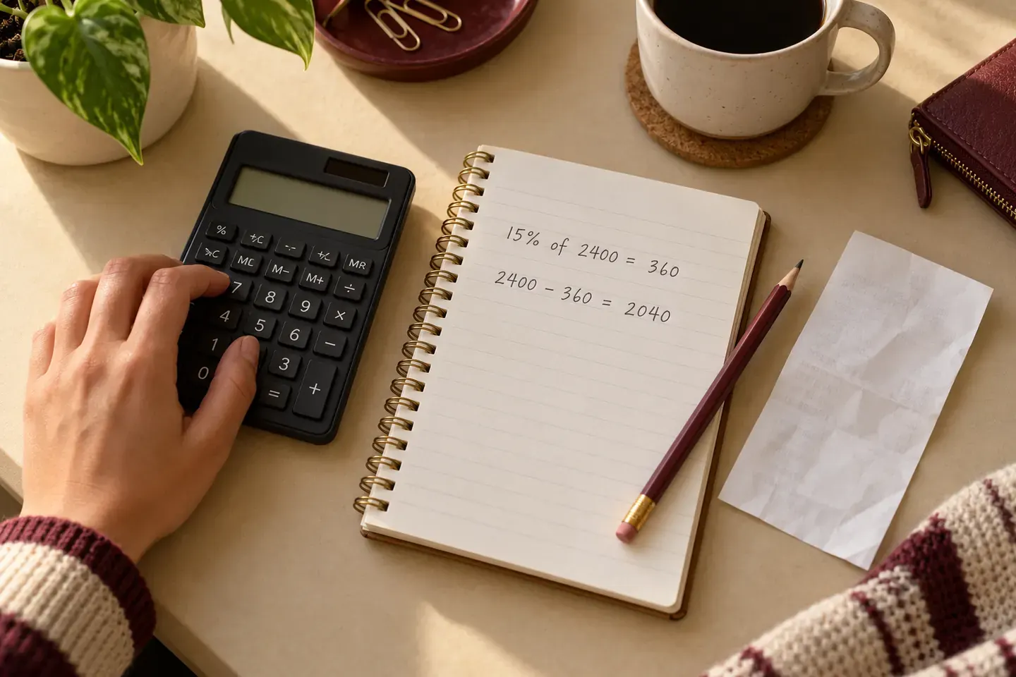 A calculator and notebook show the saving and final price for a fifteen percent discount.