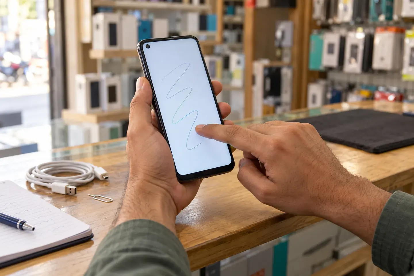 Hands inspecting a used smartphone at a shop counter before buying it.