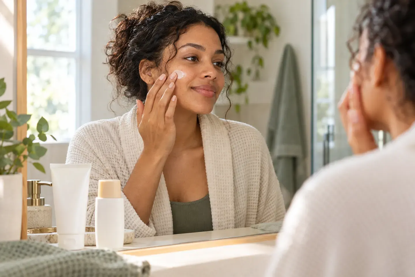 An adult woman gently applies moisturiser to her cheek beside a bathroom mirror in soft daylight.