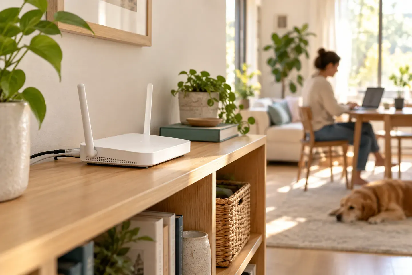 A WiFi router sits openly on a shelf while someone uses a laptop in the background.