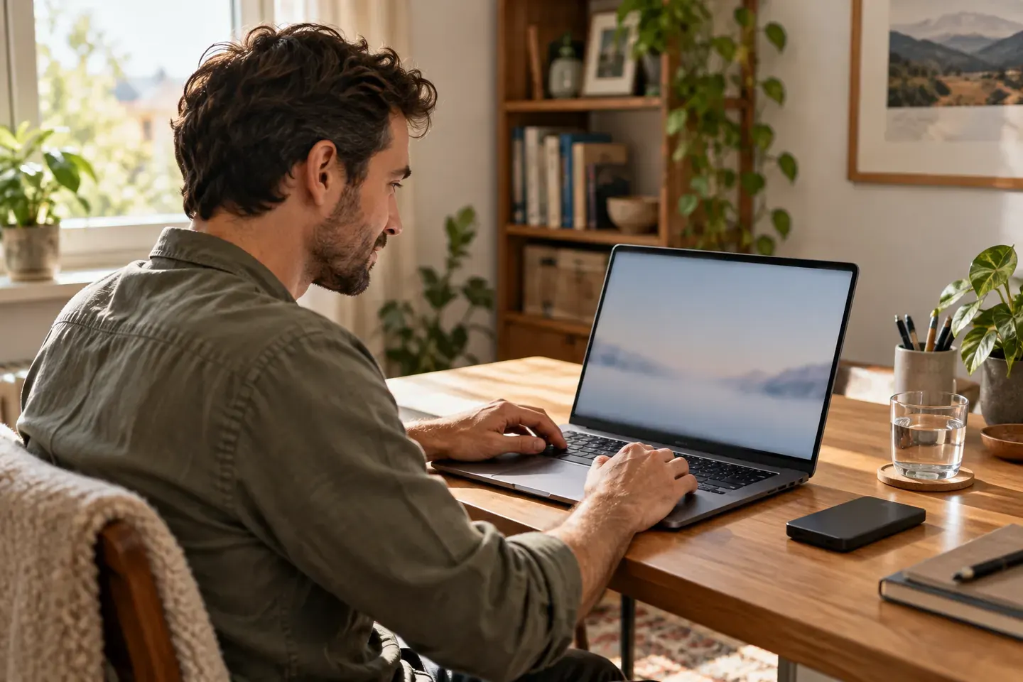 A person works on a laptop beside an unplugged backup drive at a sunlit desk.
