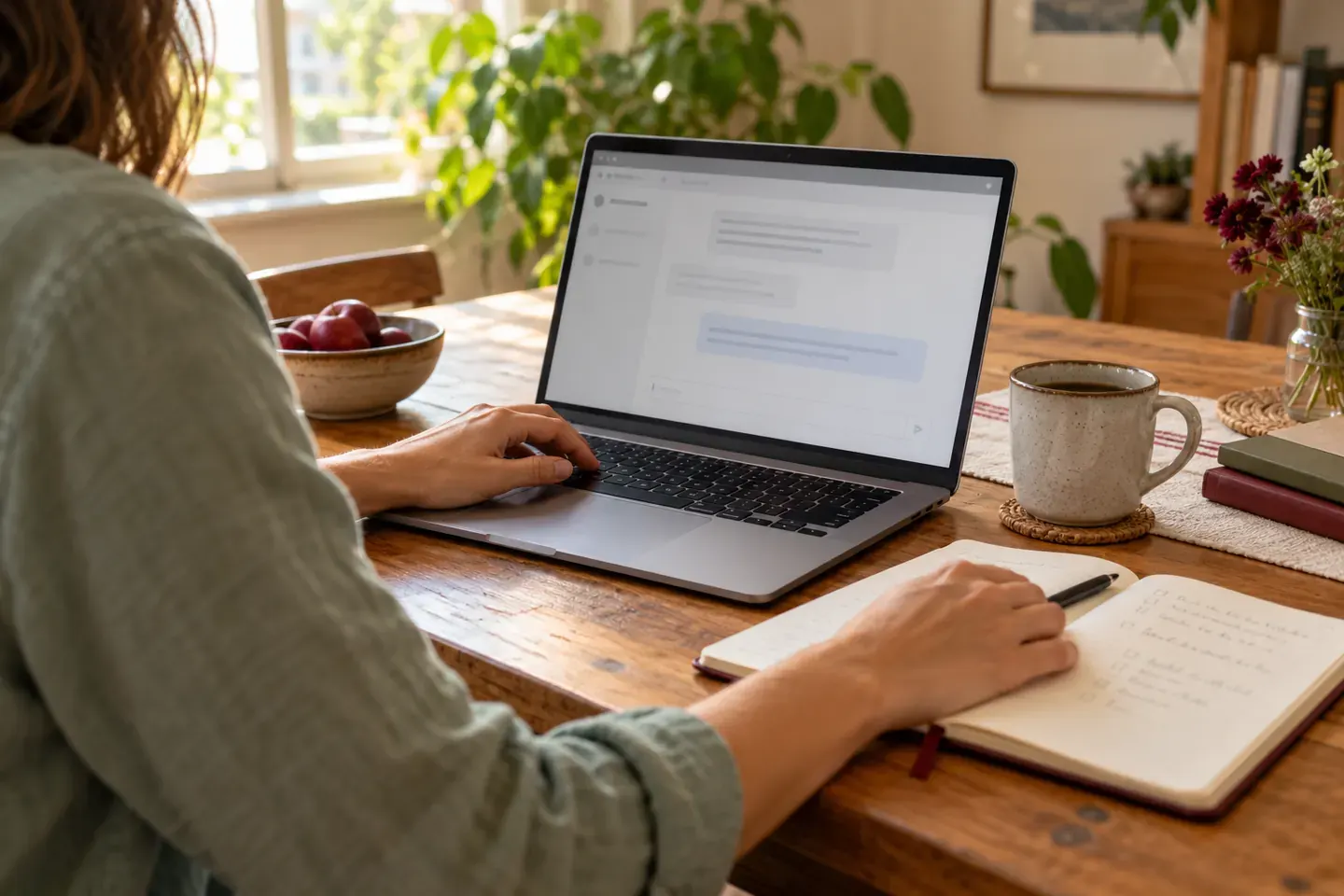 A person using an AI assistant on a laptop beside handwritten notes on a sunlit table.
