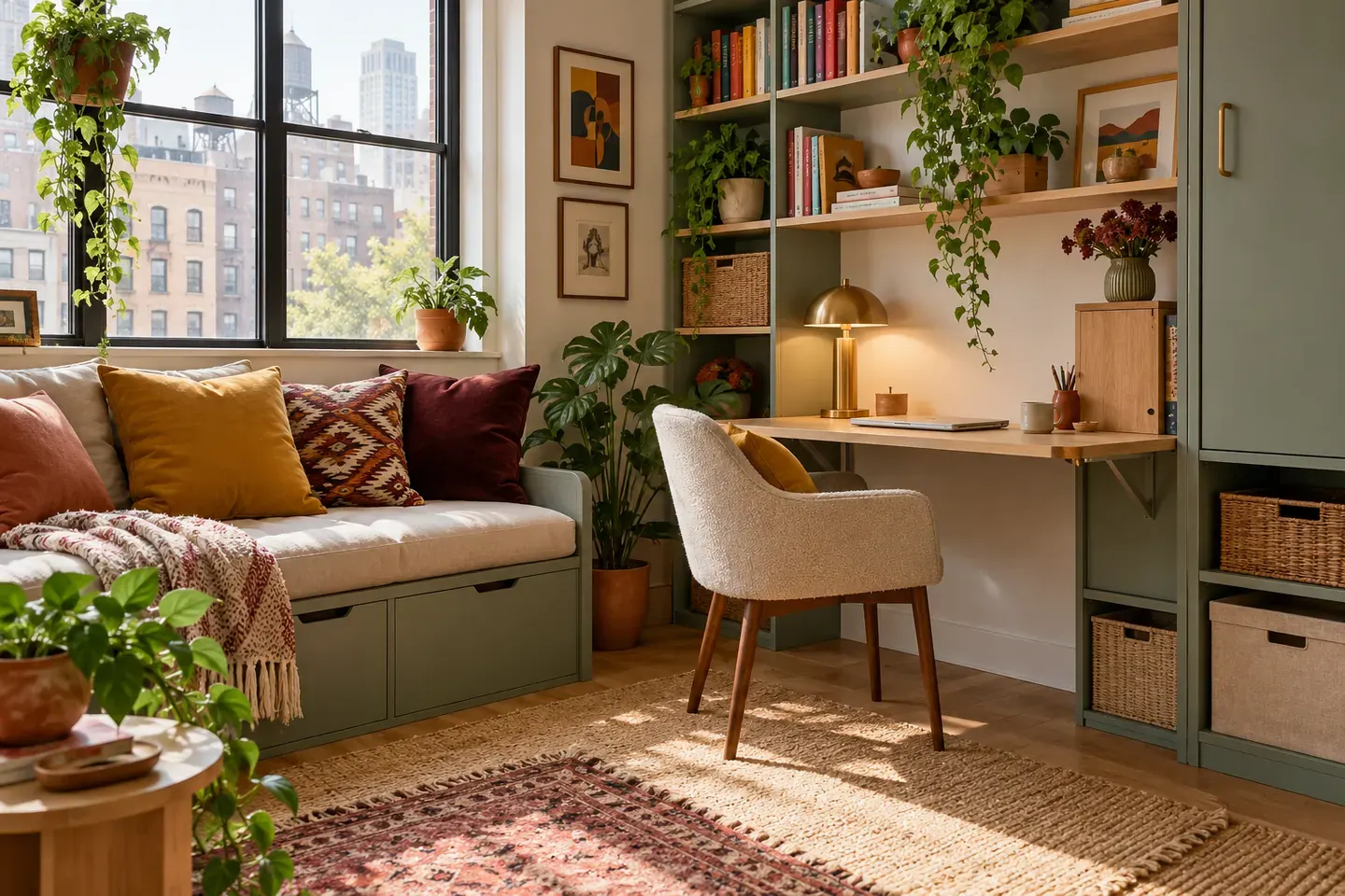 Compact living room with a sofa, desk, shelving and plants arranged in clear zones.