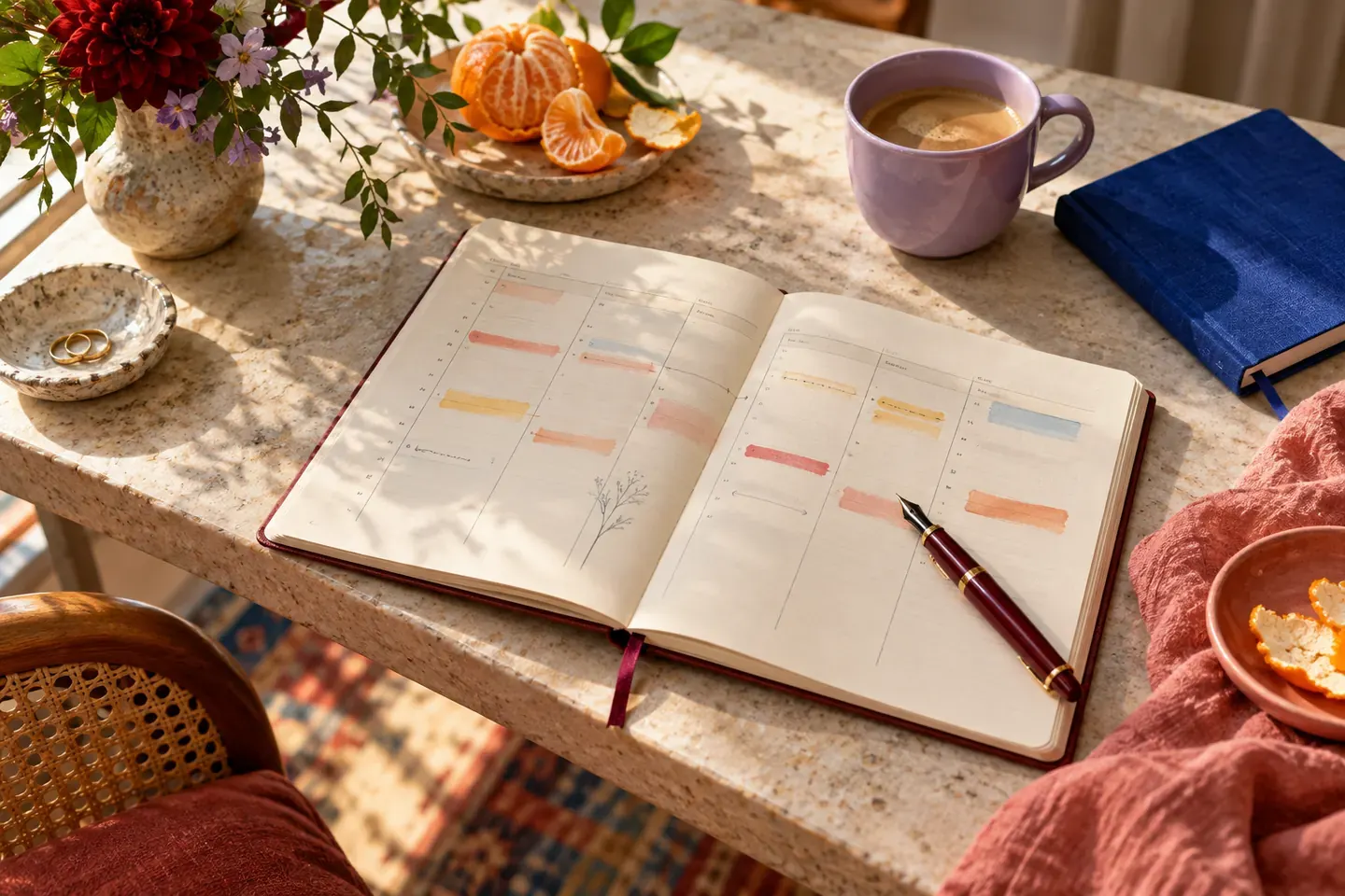 Open weekly planner, fountain pen, tangerine and blue notebook on a sunlit desk.