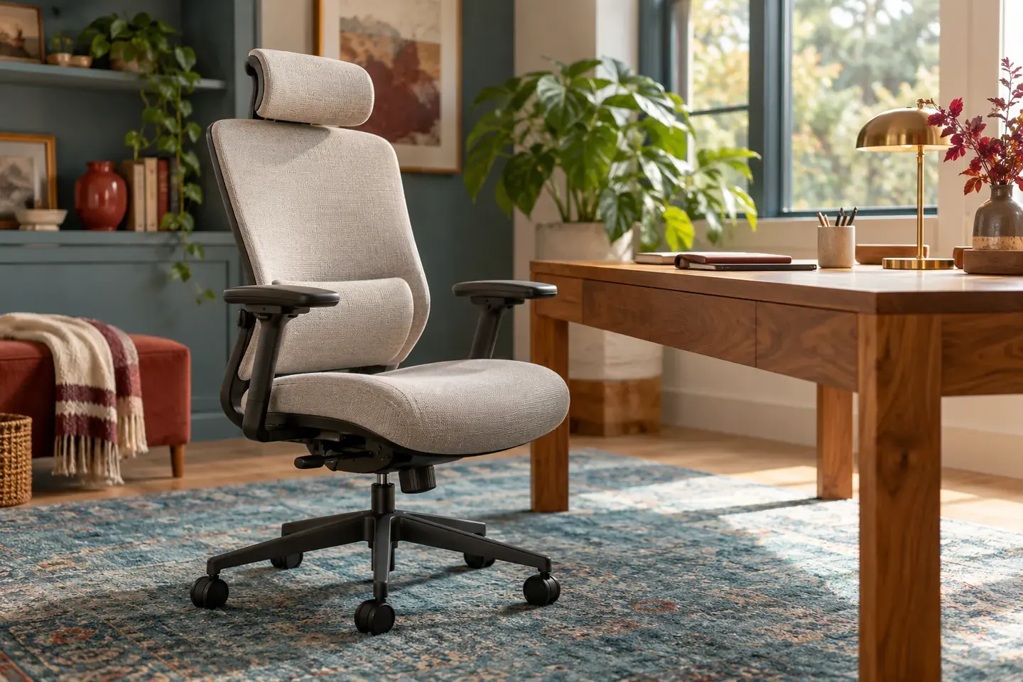 Adjustable upholstered desk chair in a bright home workspace.