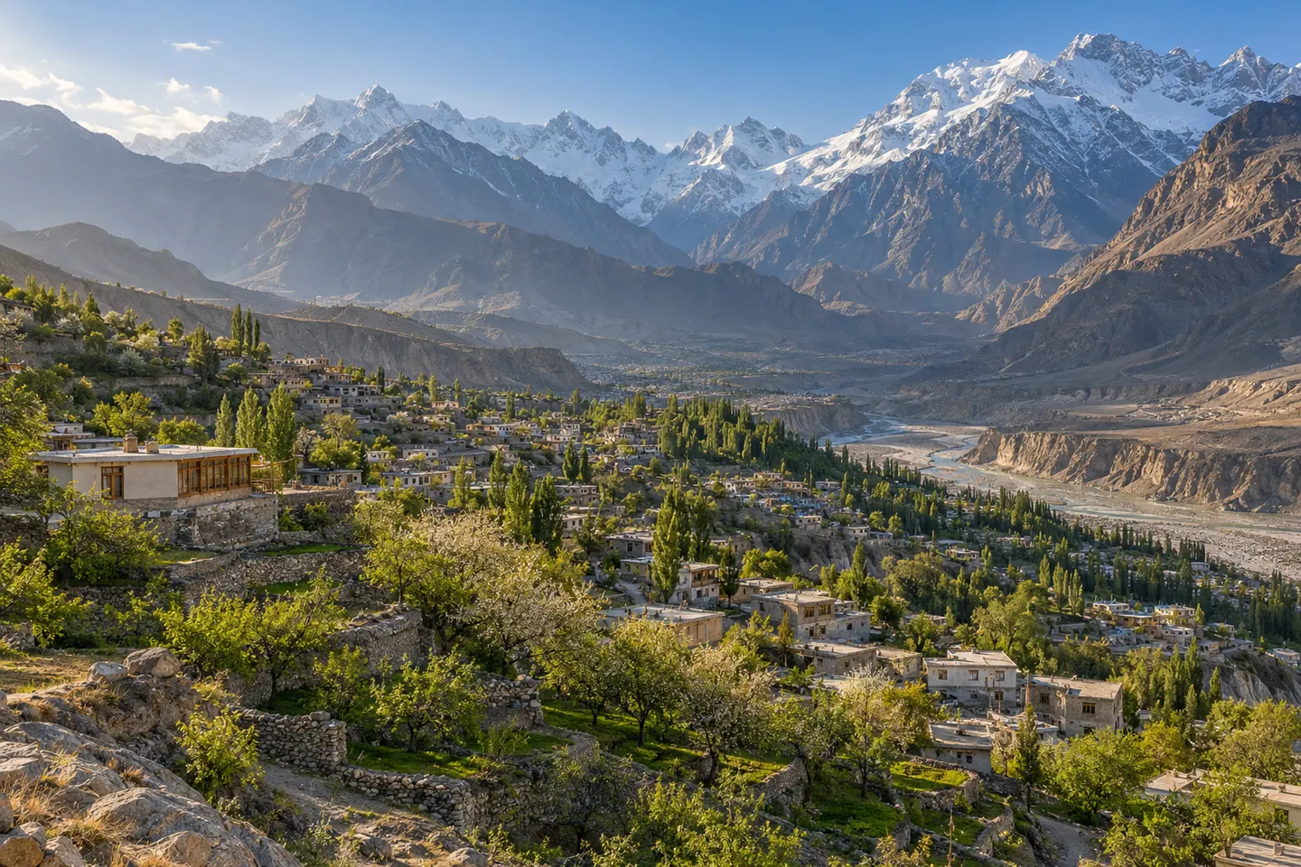 A wide mountain-valley view in northern Pakistan with village rooftops and distant snowy peaks.